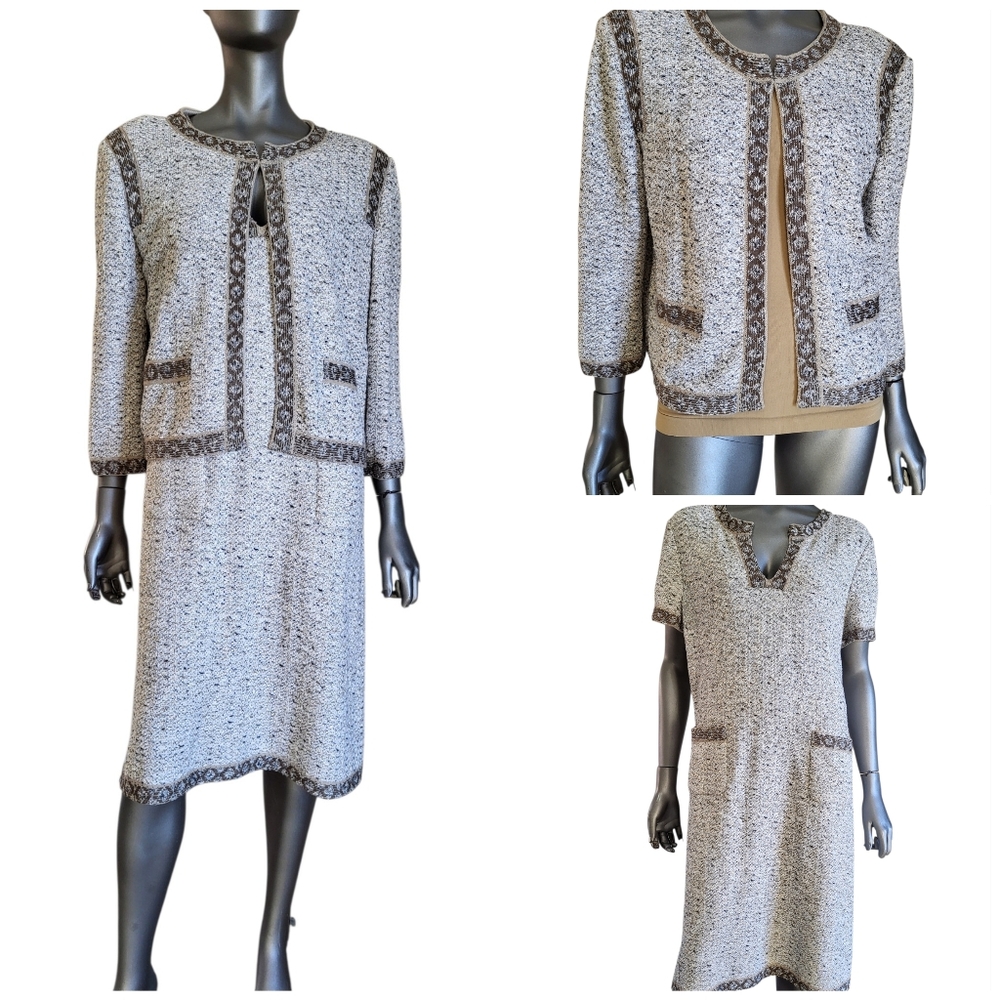 379. Vtg. St. John Cream and Brown Knit Fabric 2 Piece Suit - Size 12/Large